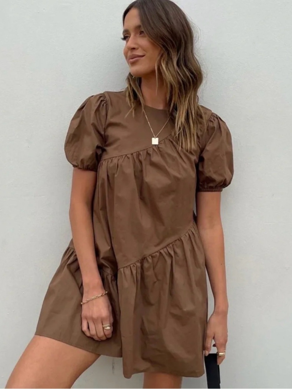 Princess Polly Brown Puff-Sleeve Tiered Mini Dress